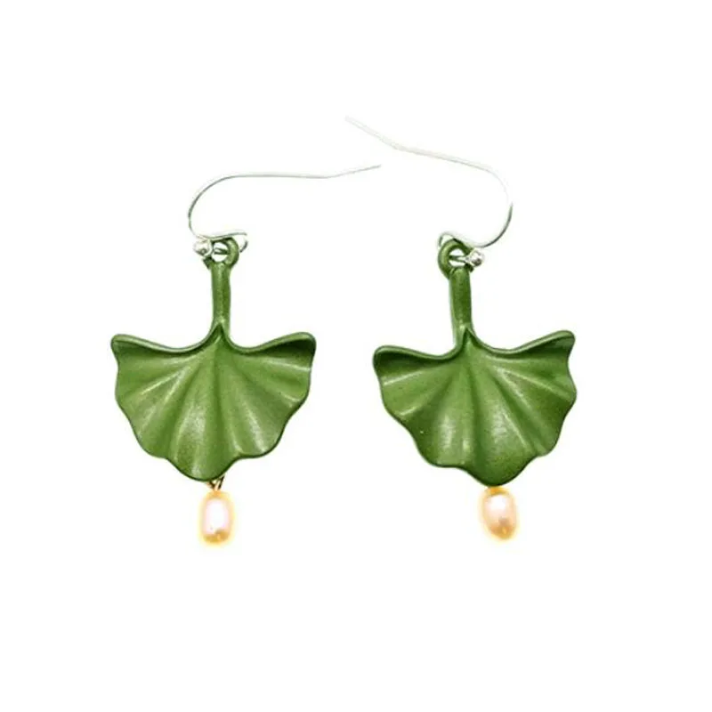 

CSxjd Natural Pearls earrings Green that bake Paint Ginkgo biloba earrings vintage Women jewelry