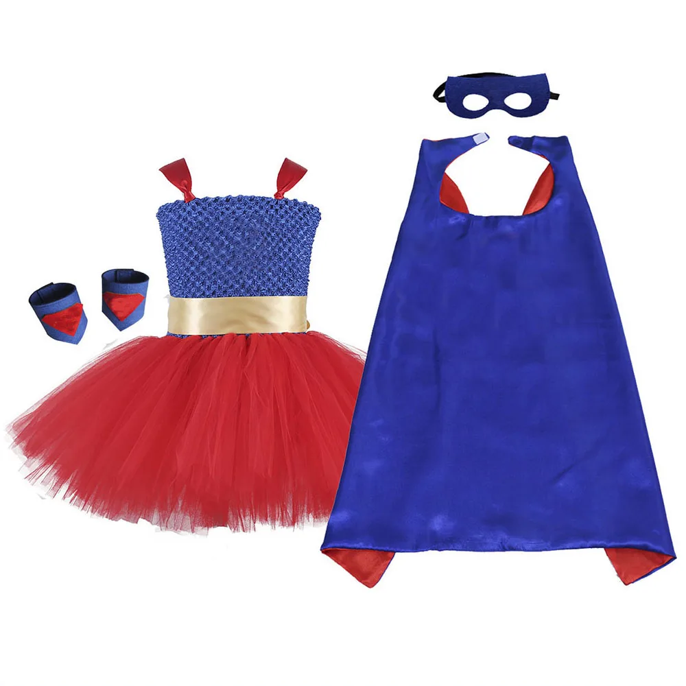

Blue Red Superman Fancy Dress Knee Length O-neck Ball Gown Baby Girl Dress for Girl Birthday Super Hero Cosplay Tutu Party Dress