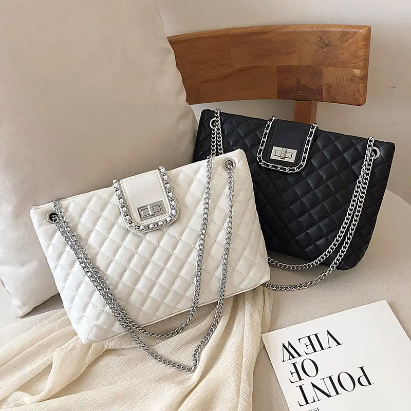 

Bags handbags 2019 new wave large capacity embroidery line shoulder bag fashion wild rhombic chain Messenger bag