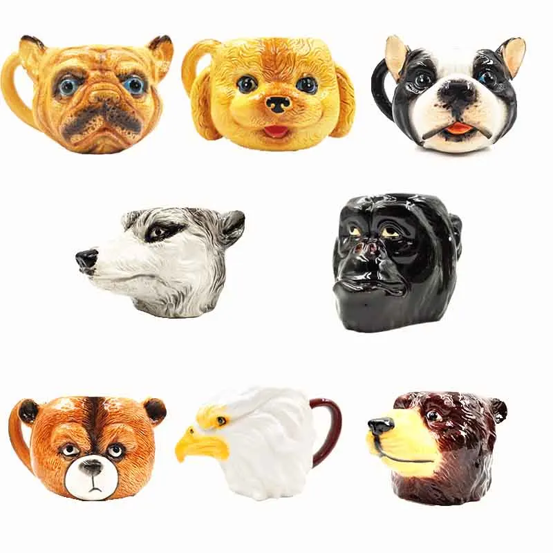 Painted 3D Eagle Husky Poodle Bulldog Bear Head Porcelain Mug Creative Beast Painting Ceramic Tea Coffee