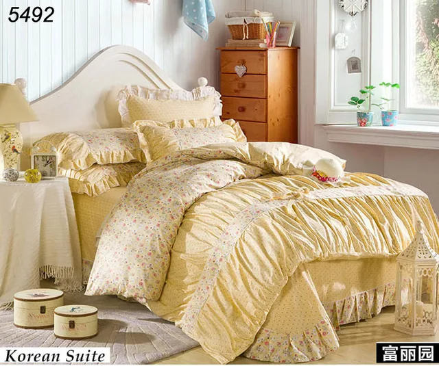 korean style princess bedding sets small flowers reactive printed light yellow bed sheets