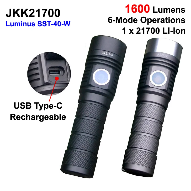

Newest JKK21700 Luminus SST-40 White 6500K 1600 Lumens 6-mode Type-C Rechargeable LED Flashlight ( 1X21700 )