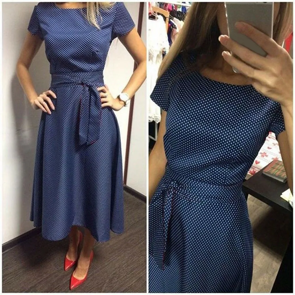 

personality style ins 2019 Women point Printed dresses bandage Evening Party Swing Dress large size blue dress vestiti donna