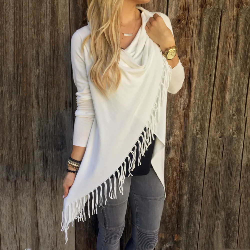 YJSFG HOUSE Spring Autumn Cardigans Tops Women Casual Loose Long Sleeve Irregular Hem Tassel Cardigan Cape Poncho Black Gray |