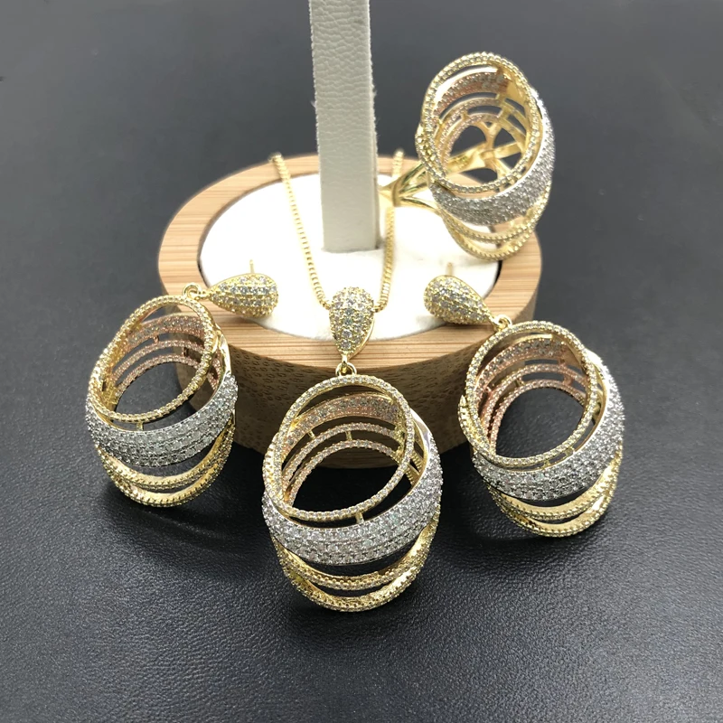 Lanyika комплект ювелирных изделий Стильный Простой круг циркон микро проложили ожерелье с серьгами и кольцом юбилей Роскошные Лучшие подарки