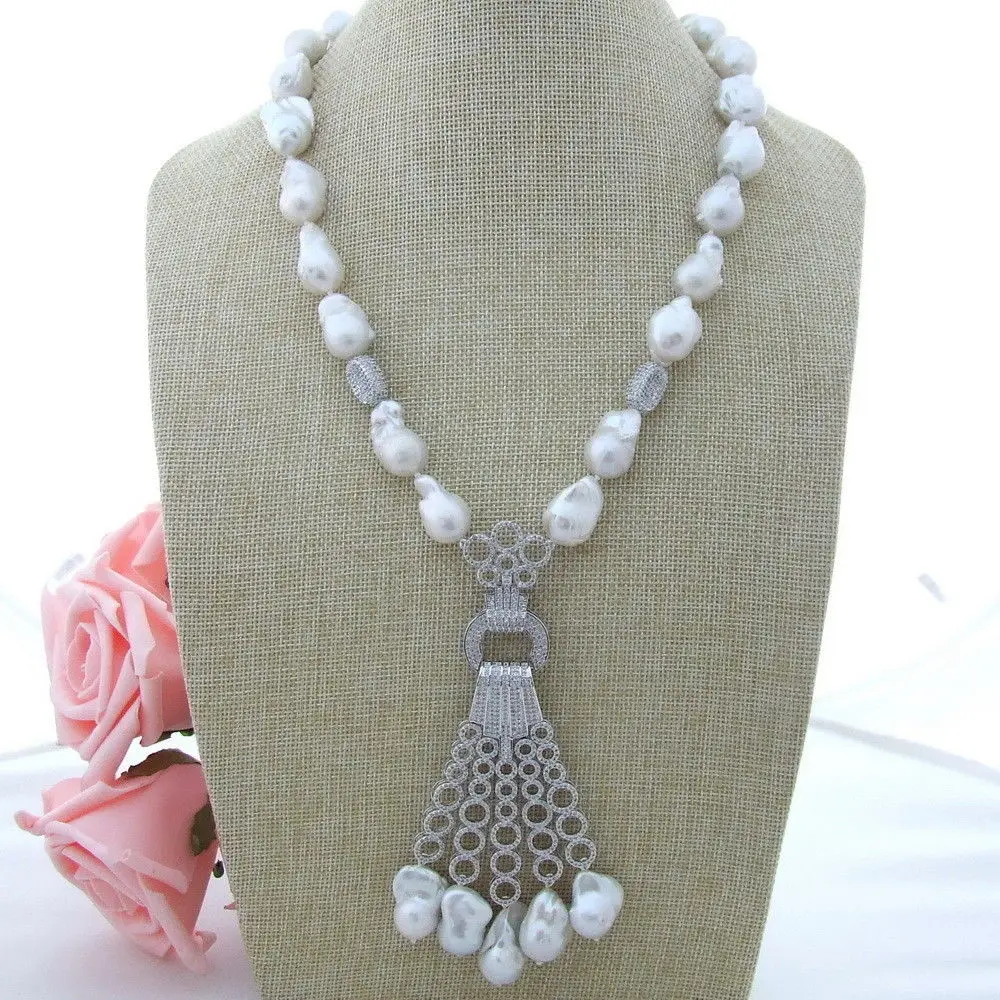 22 White Keshi Pearl Necklace CZ Pendant in Chain Necklaces From 22 White Keshi Pearl Necklace CZ Pendant in Chain Necklaces From