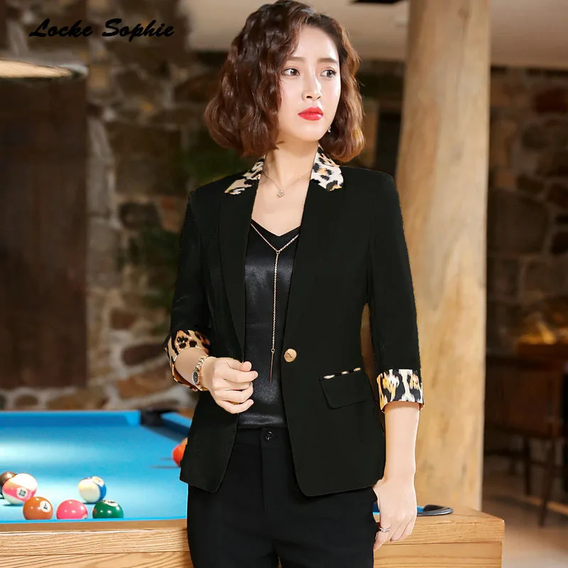 

1pcs Women's Plus size Blazers coats 2019 Autumn cotton blend Leopard Splicing Small Suits jackets ladies Skinny Blazers Suits