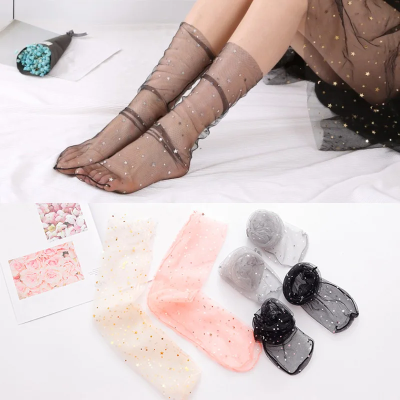 

Sale Spring Summer Transparent Thin Star Moon Girls Socks Fashion Breathable Net Women Elastic Short Socks