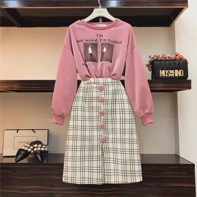 

Women Fashion 2 Piece Suit Slash Collar Off Shoulder Long T Shirt & Hollow Out Lace Skirt Suits Skirts Set