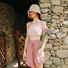 Купальные костюмы для женщин, лето, цельный женский купальник, танкини Ins, три предмета, юбка с высокой талией для девочек, полиэстер