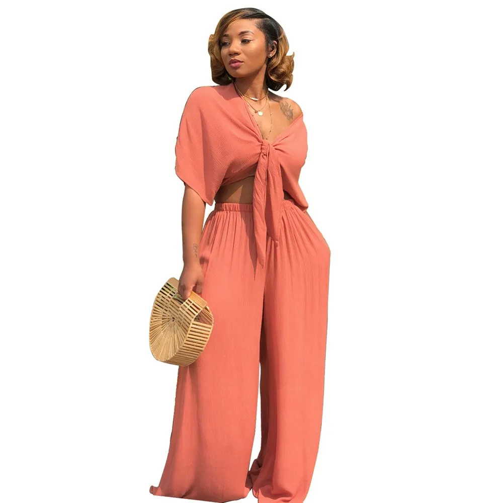 2018 Women Summer Set 2 Piece Set Short Sleeve Bow Tie Up Crop Top and