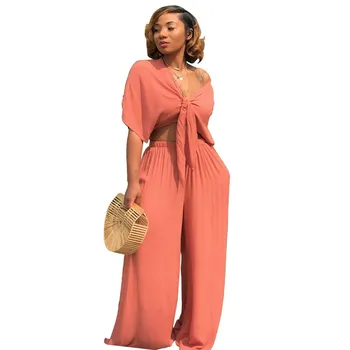 

2018 Women Summer Set 2 Piece Set Short Sleeve Bow Tie Up Crop Top and Long Wide Leg Pants Set Fashion Ladies Trousers Suits