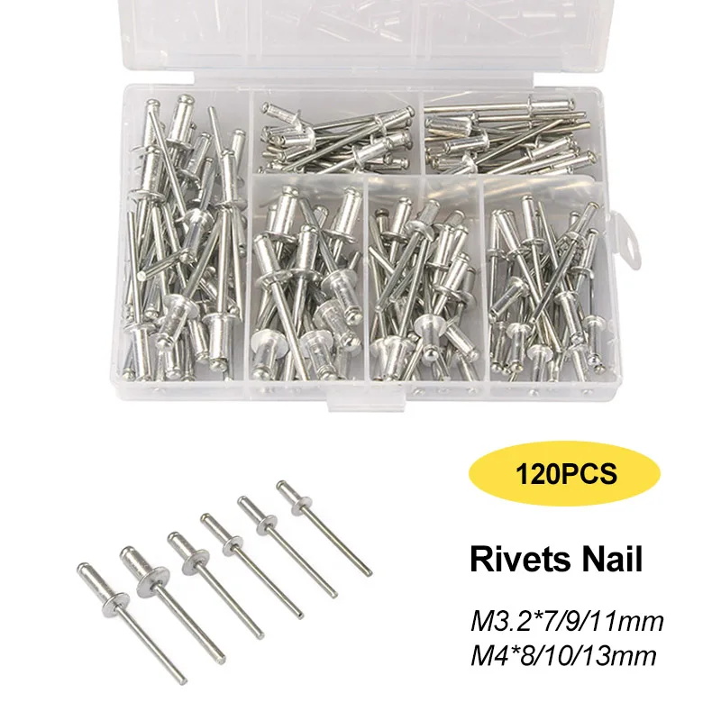 

120Pcs Aluminium Blind Rivets Nail Decoration Pop Rivets For Furniture Assortment Kit M3.2*7/9/11 M4*8/10/13mm