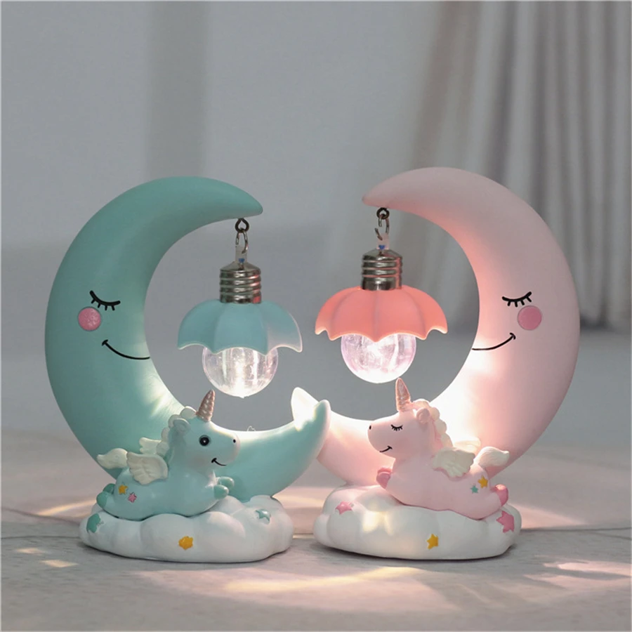 Dropshipping LED Night Light Moon Unicorn Resin Cartoon Lamp Bedroom Baby Night Lamp Children Birthday Christmas Gift Toy