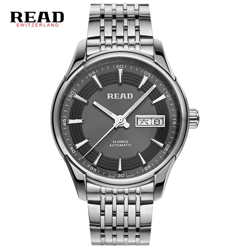 

READ brand tops automatic watches men Minimalism luxury black watch men full steel relogio Japan movement week and date 8082
