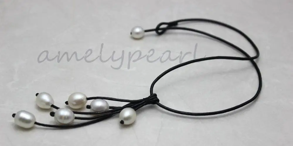 

Black Genuine Leather 6 white Freshwater Pearl Necklace 18"No metal a(5.18)