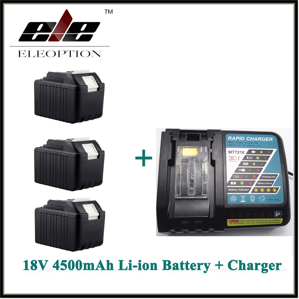 

4.5Ah Eleoption 3x Rechargeable Power Tool battery for Makita 4500mAh 18V Li-ion BL1830 LXT400 194205-3 BL1840 Battery + Charger