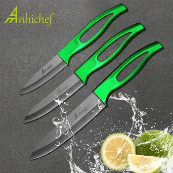 

Anhichef Ceramic Knife cooking set 3" 4" 5" inch Black Blade Green Handle Paring Fruit Cooking Kitchen Knives