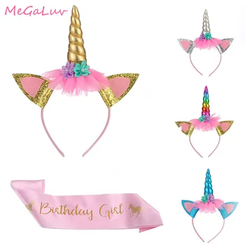 

1st Birthday Unicorn Party Decoration Unicorn Girl Gold Headband Pink Satin Sash Latex Balloons Happy Birthday Party Favor
