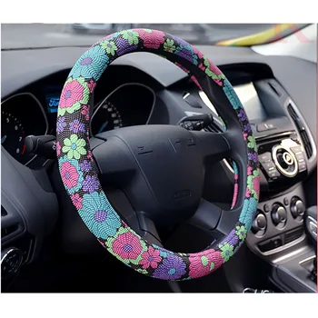 

Fashion Cute Flower Printed Car Steering Wheel Cover Handlebar Case Leather Auto Interior Steering Covers Accessories Anti Slip