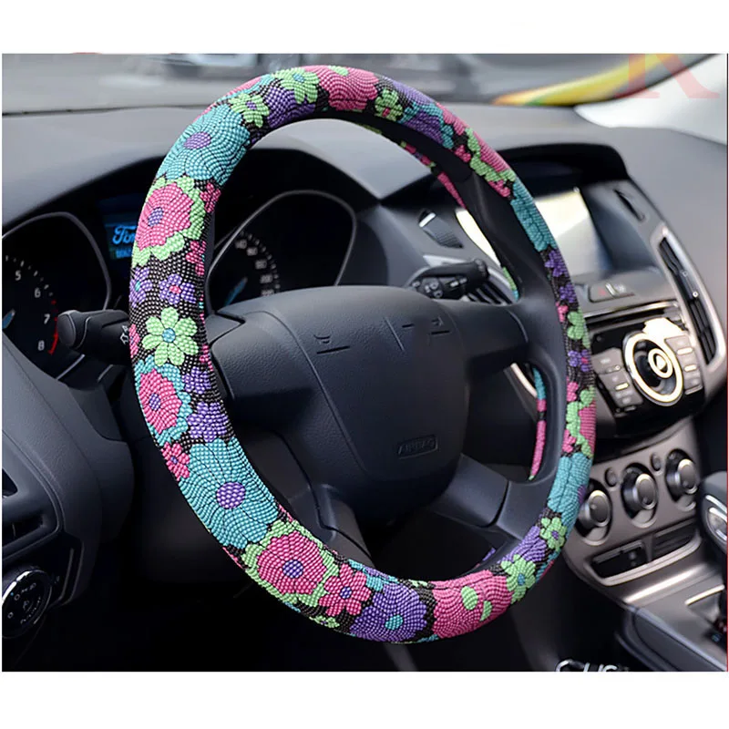 Fashion Cute Flower Printed Car Steering Wheel Cover Handlebar Case Leather Auto Interior Steering Covers Accessories Anti Slip Fashion Cute Flower Printed Car Steering Wheel Cover Handlebar Case Leather Auto Interior Steering Covers Accessories Anti Slip