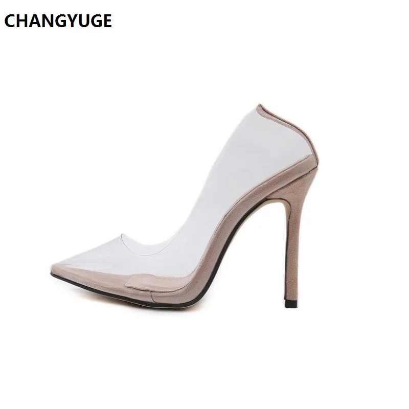 Прозрачный помпон Sandalen Perspex прозрачный ПВХ Hak Stiletto Hoge Hakken Punt Tenen Vrouwen Partij Schoenen Nachtclub