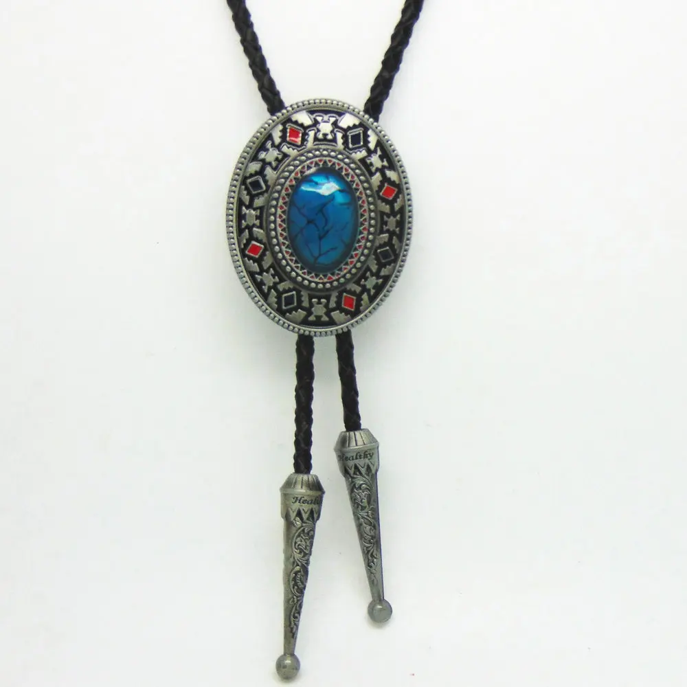 Vintage Europe Turquoise Long Bolo Tie Cowboy Zinc Alloy Pendant Indian