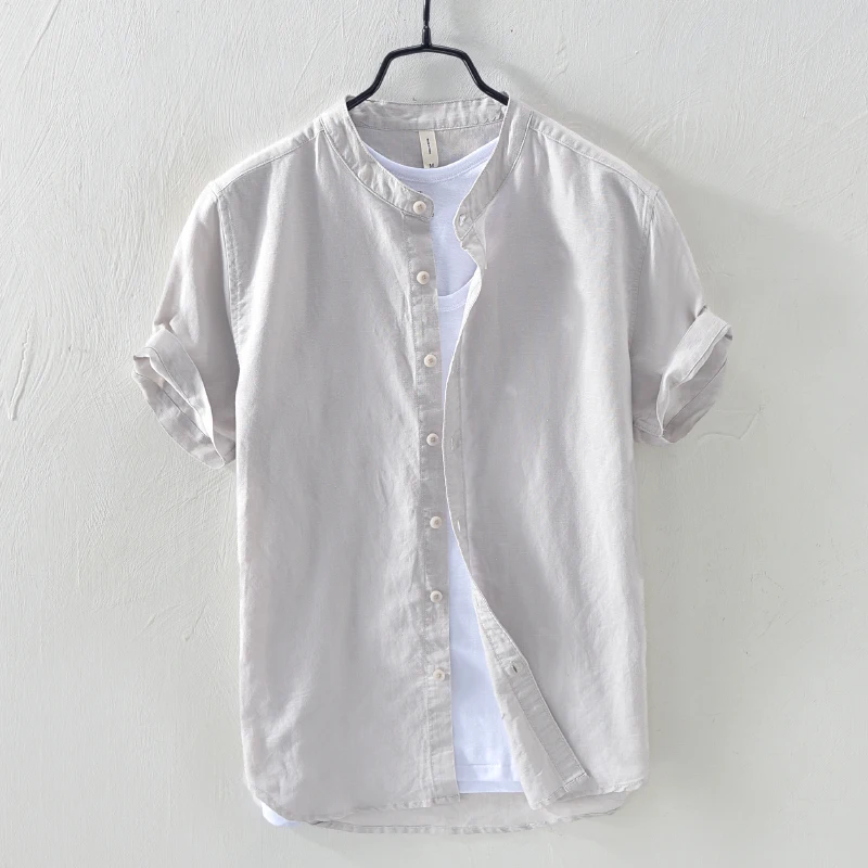 Хлопок и лен стоячий воротник рубашка мужская короткий рукав белая рубашка мужская брендовая модная Однотонная рубашка мужская сорочка Camisa