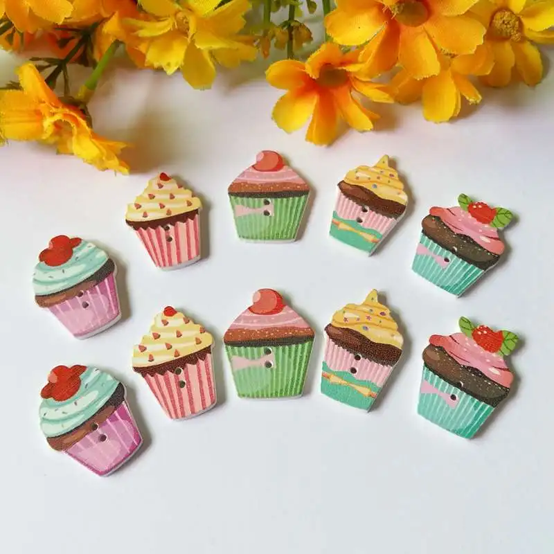 

50pcs/lot 2 Holes Colored cake Wooden Buttons Cute Mixed Paint Design Decoration Clothing Accessories Sewing Buttons