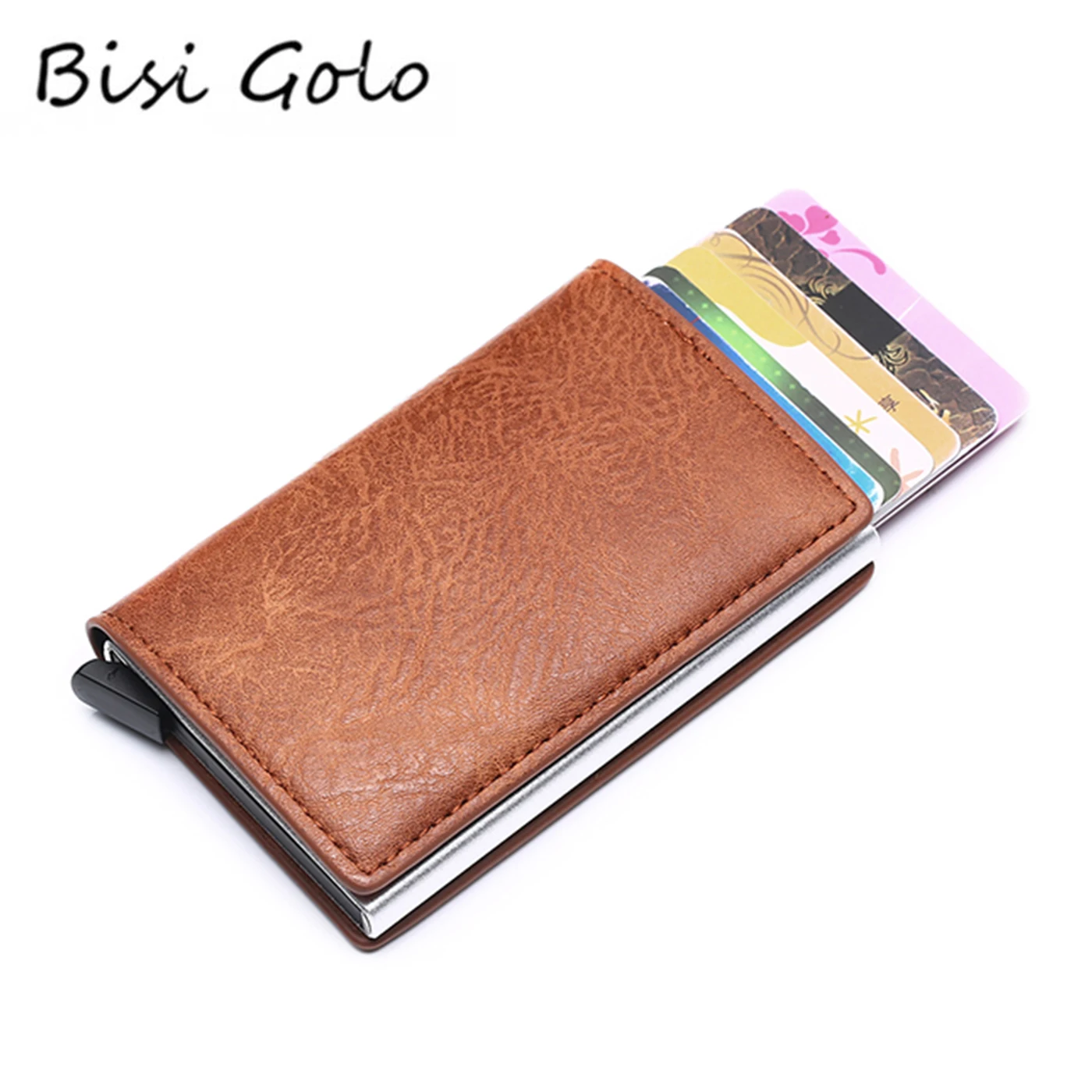 

BISI GORO 2019 Crazy Horse PU Leather Card Wallet RFID Blocking Aluminum Single Box Card Holder Smart Multifunction Slim Wallet