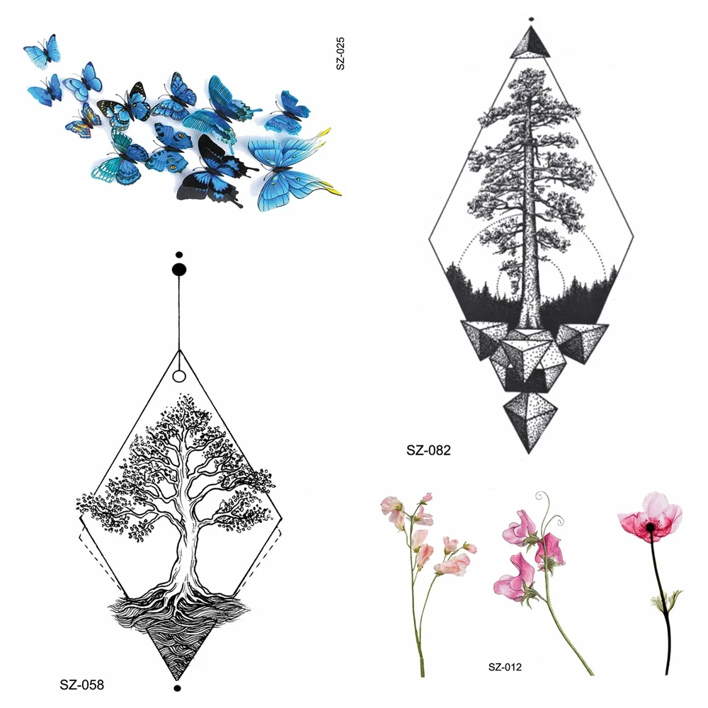 

Line Geometry Pine Tree Flower Custom Temporary Tattoo Women Stickers 3D Butterfly Fake Men Tatoos Water Transfer Tattoo Cover