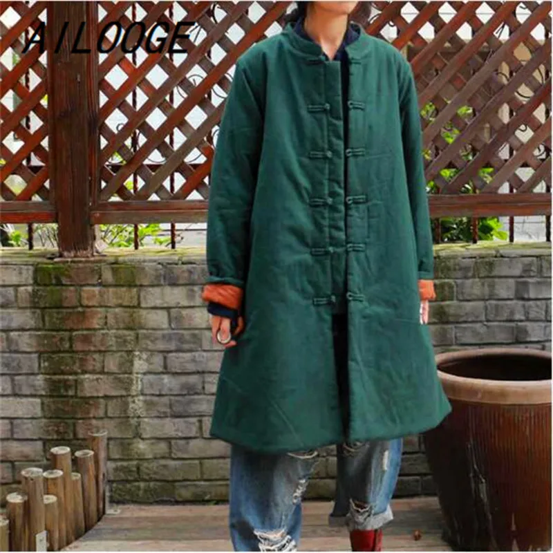 

AILOOGE Women Vintage Chinese Parkas Button 2018 Winter New Long Sleeve Stand Cotton Thick Warm Loose Women Parkas Coats