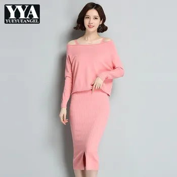 

New Autumn Fashion 2 Pieces Sweater Top With Long Dress Slash Neck Off Shoulder Solid Slim Fit Short Pullovers Sexy Sweater Suit