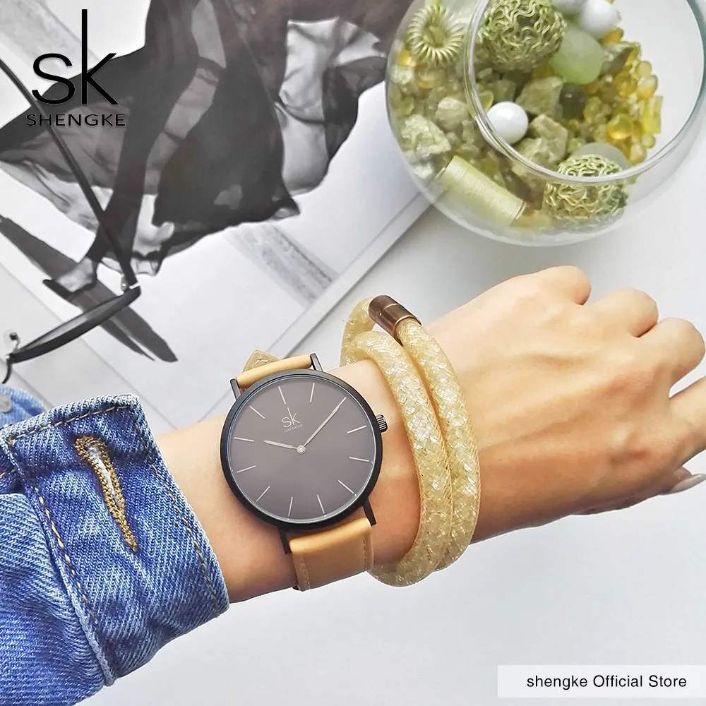 

Shengke New Big Simple Black Dial Brown Leather Strap Lady Quartz Watch Casual Stylish Women Watches Relogio Feminino Street