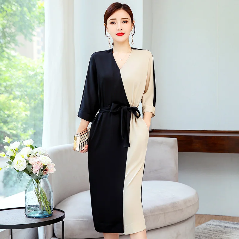 

Spring Autumn High Waist Office Lady Elegant Stain Bandage Dress Plus Size Contrast Color Patchwork Midi Dresses Women Vestido