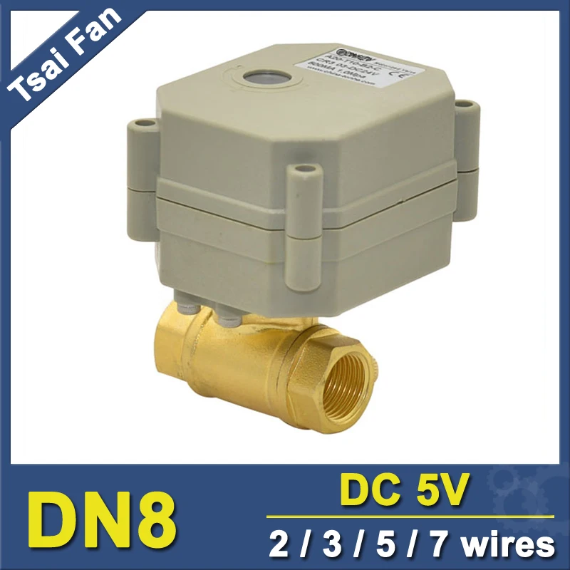 TF8-B2-C DC5V 2/3/5/7 провода 2 Way Латунь 1/4 ''DN8 Электрический моторный клапан металлический Шестерни Кнопка ВКЛ/ВЫКЛ 5 сек для орошения