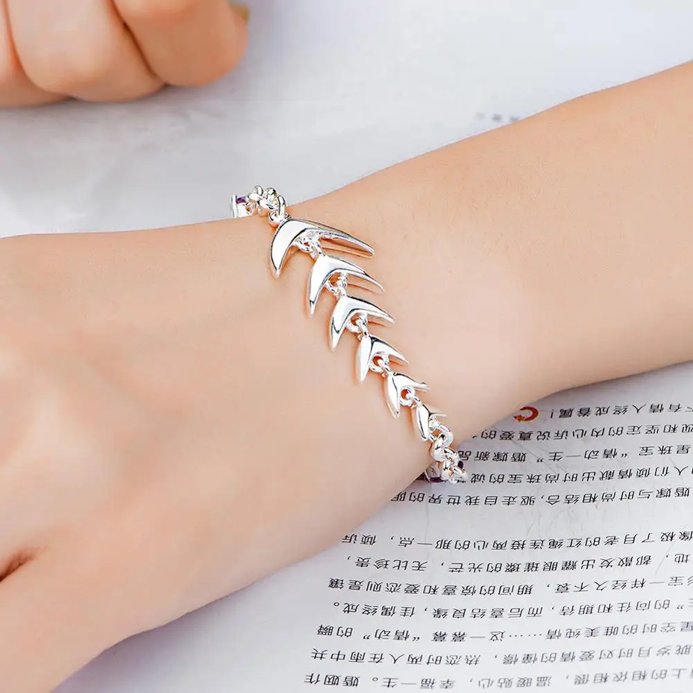 925 Серебряный рыбья кость алмаз аметистовый браслет модный браслет с бусинами для девушек-подростков подарок женский ювелирный браслет