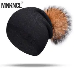 MNKNCL кашемир зимняя шапка для Для женщин девушка вязаная шапка Утепленная одежда шапочки с реального норки помпоном Шапки