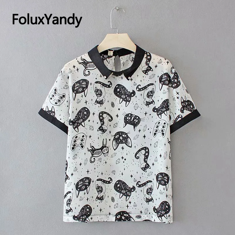 

Turn-down Collar Chiffon Blouses Women Summer Style Plus Size Short Sleeve Print Blouse Shirt KKFY3779