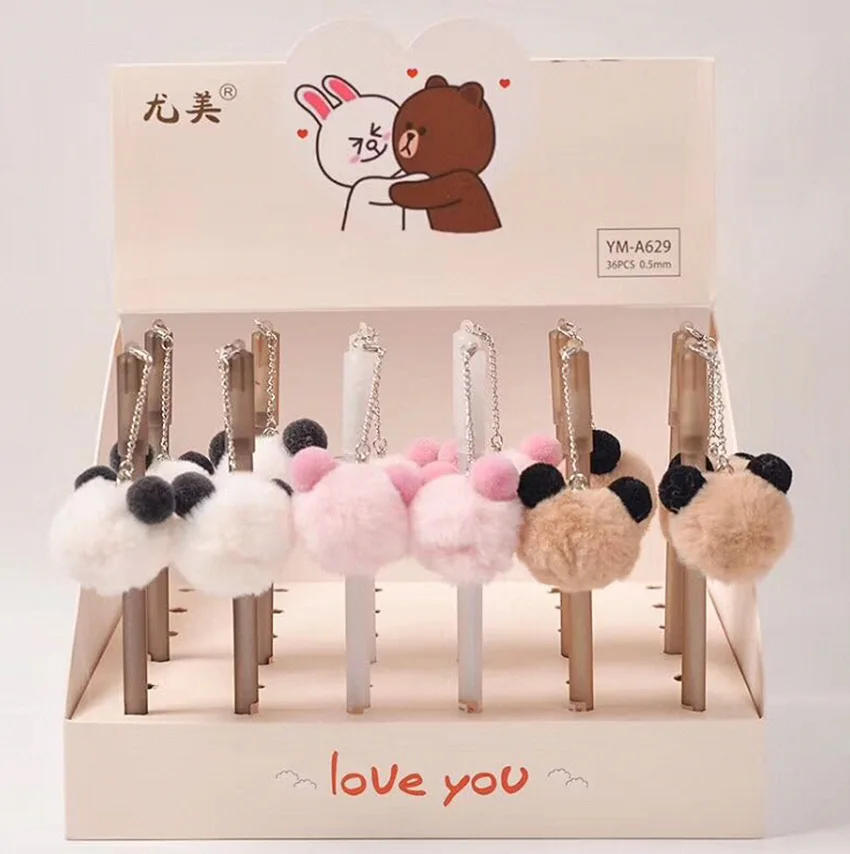 

36PCS/lot New Creative Stationery Wholesale Plush Bear Pendant Gel Pen Hair Ball Gift Signature Pen