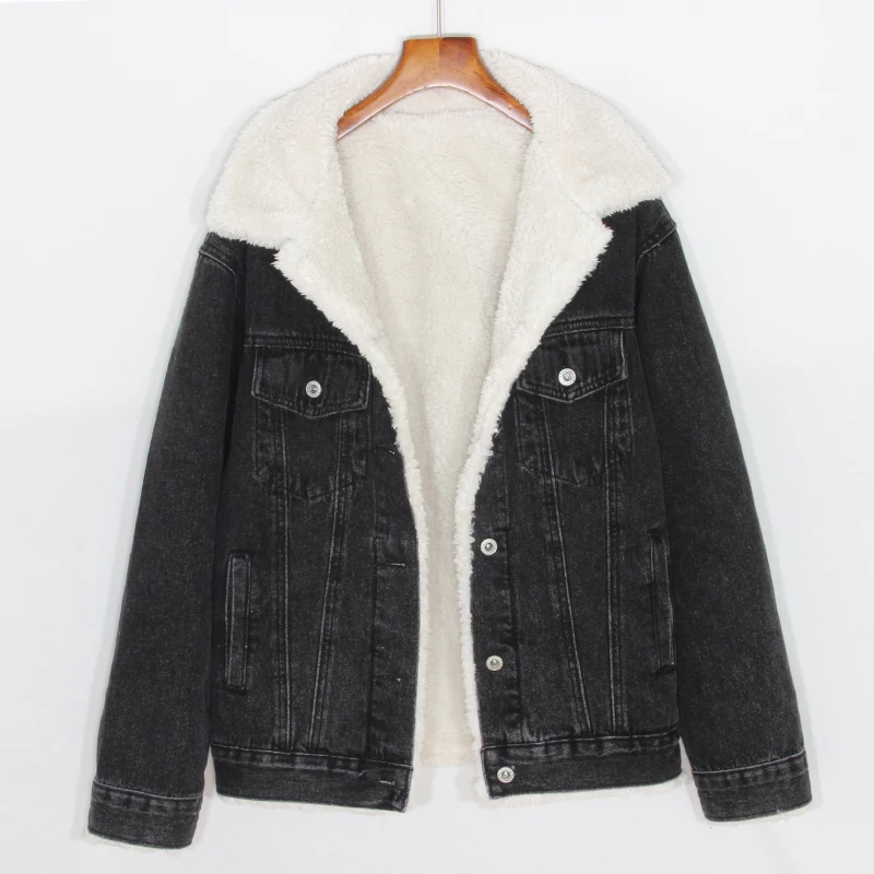

2018 Winter Wool Liner Jeans Jackets Women Black Thickening Fleeced Demin Coats Femme Wide Waisted Flocking Casual Outerwears