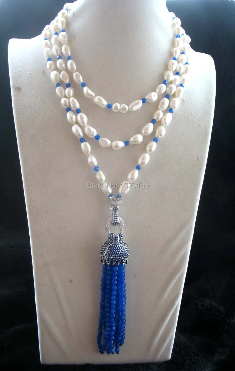 Ожерелье из пресноводного жемчуга белый барокко и леопардовая застежка и синий нефритовый бисер граненый 6" FPPJ