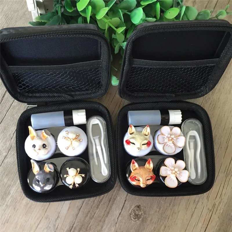 

2 Pairs/Lot Portable Acrylic Cute Fox Rabbits Black Contact Lens Case Lovely Box Container Lenses Gift for Girls