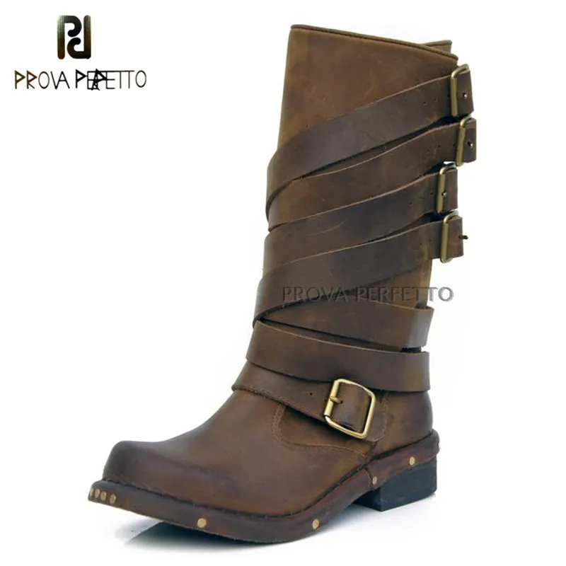 

Prova Perfetto 2018 High End Euramerican Style Cow Leather Half Boots Buckle Strap Thick Heel Square Toe Mid-calf Boots Retro