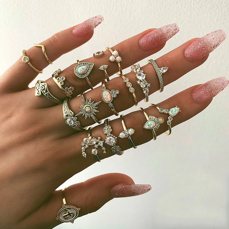 

19 Pcs/ Set Boho Women Joint Ring Gold Star Crown Cross Moon Water Drop Ring Female Shiny Crystal Gem Party Ring Set Lover Gift
