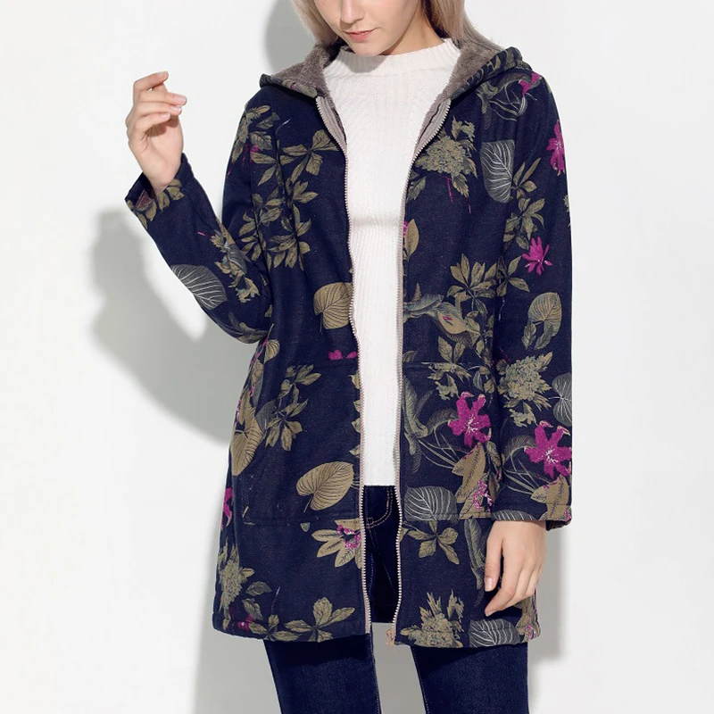 

2019 New Parka Women's Plus Size S-5XL Autumn Winter Print Warm Velvet Jacket Hooded Coat Down Female Outwear Parkas 6Q2452