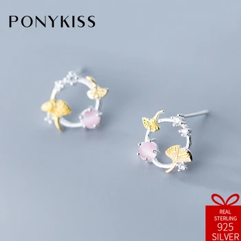 

PONYKISS Romantic S925 Sterling Silve Chic Pink Crystal Ginkgo Leaf Circle Stud Earrings Women Party Creative Style Jewelry Gift