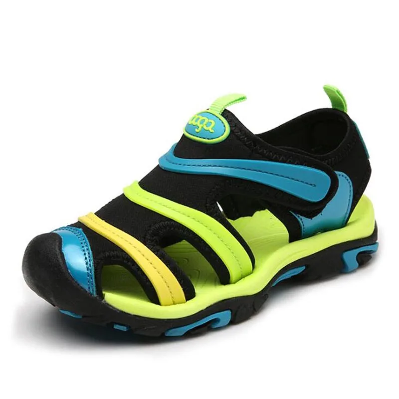 Новые летние детские сандалии для мальчиков модная кожаная пляжная обувь с закрытым носком Детские уличные спортивные Нескользящие сандалии для мальчиков, размер 24-37 - Цвет: Синий