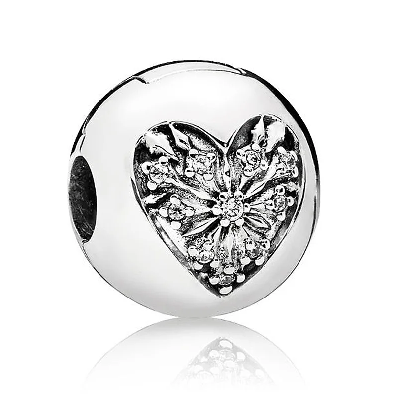 

New 925 Sterling Silver Bead Charm Heart Of Winter With Crystal Clip Lock Stopper Beads Fit Pandora Bracelet Bangle Diy Jewelry