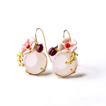 

2015 Summer New Design Sweet Earring Enamel Flower Ladybug Round Gem Short Drop Earring For Women